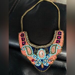 Beaded Statement Bib Necklace - Coral, Turquoise, Navy & Gold. This is FIRE 🔥